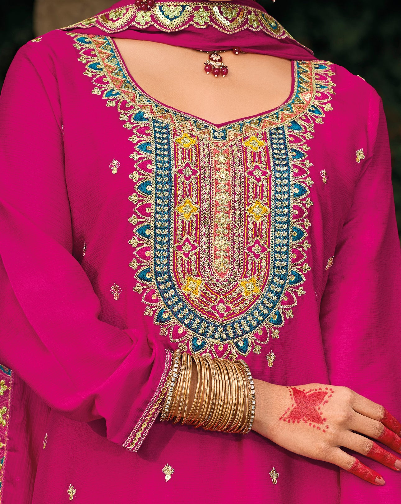 Palazzo Salwar Suit with Embroidery & Sequins Work (Hot Pink)