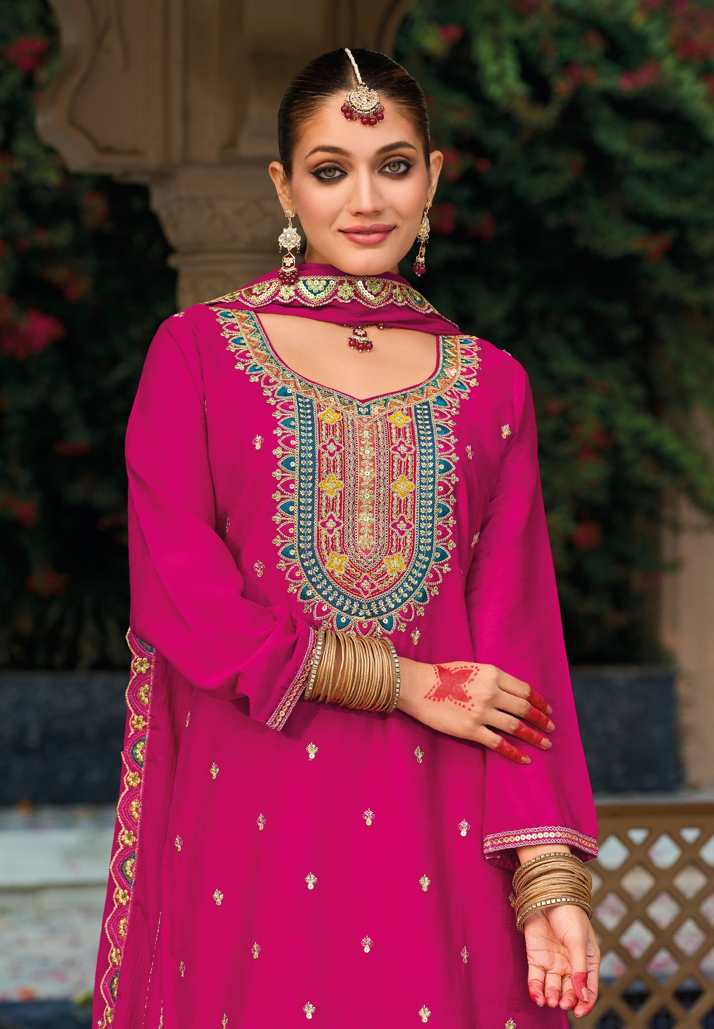 Palazzo Salwar Suit with Embroidery & Sequins Work (Hot Pink)