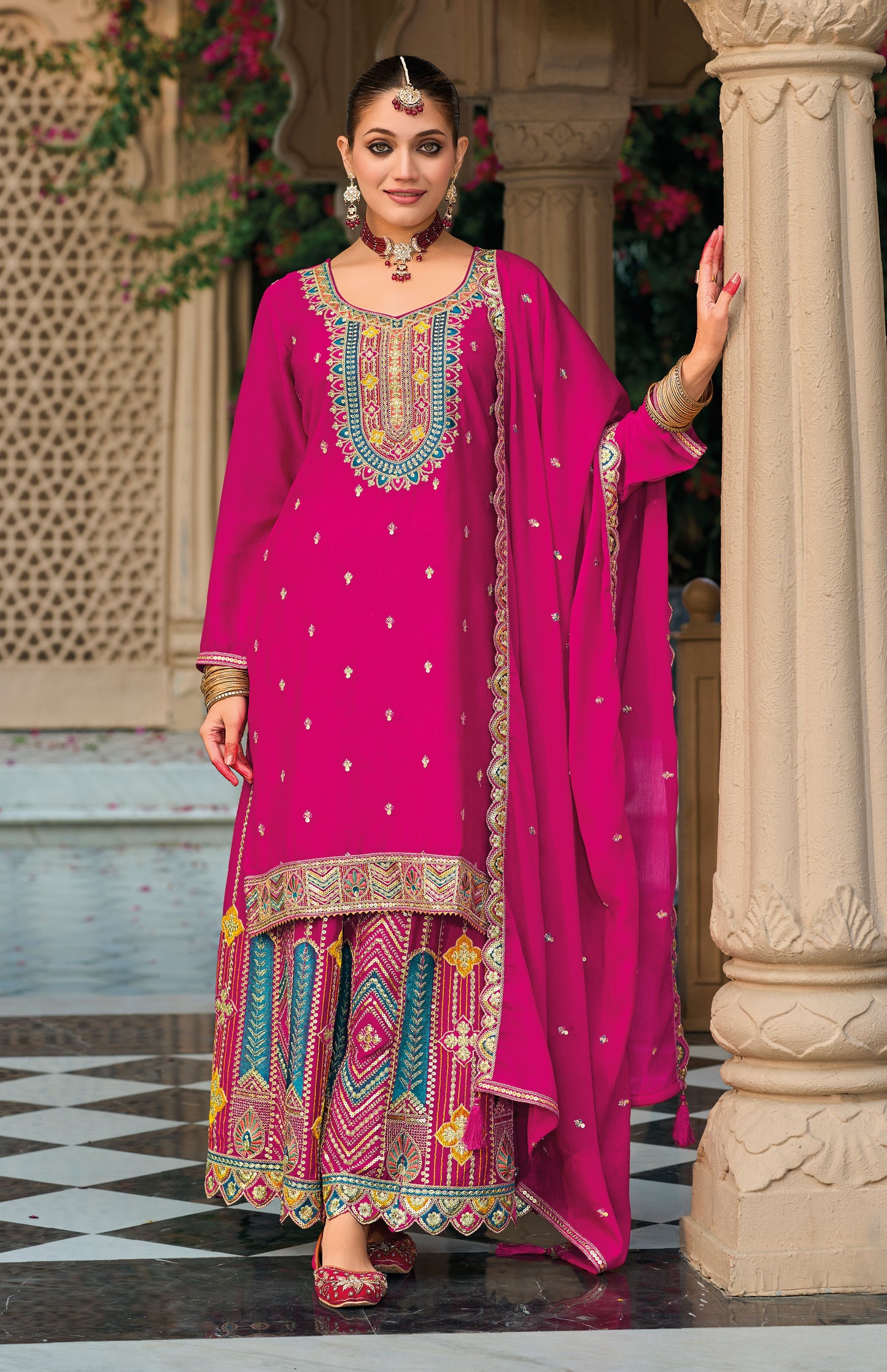 Palazzo Salwar Suit with Embroidery & Sequins Work (Hot Pink)