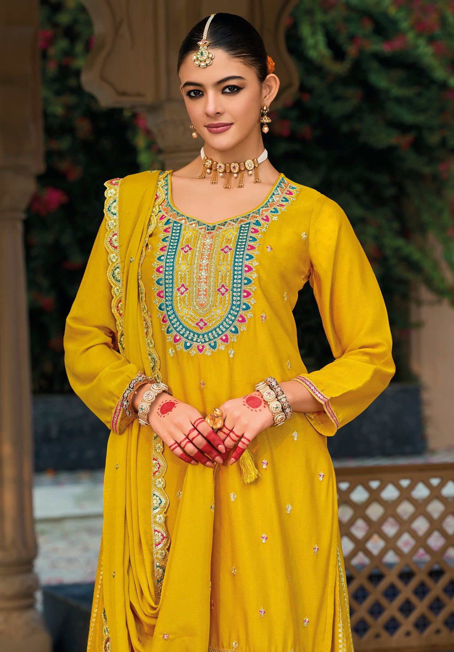 Palazzo Salwar Suit with Embroidery & Sequins Work (Yellow)