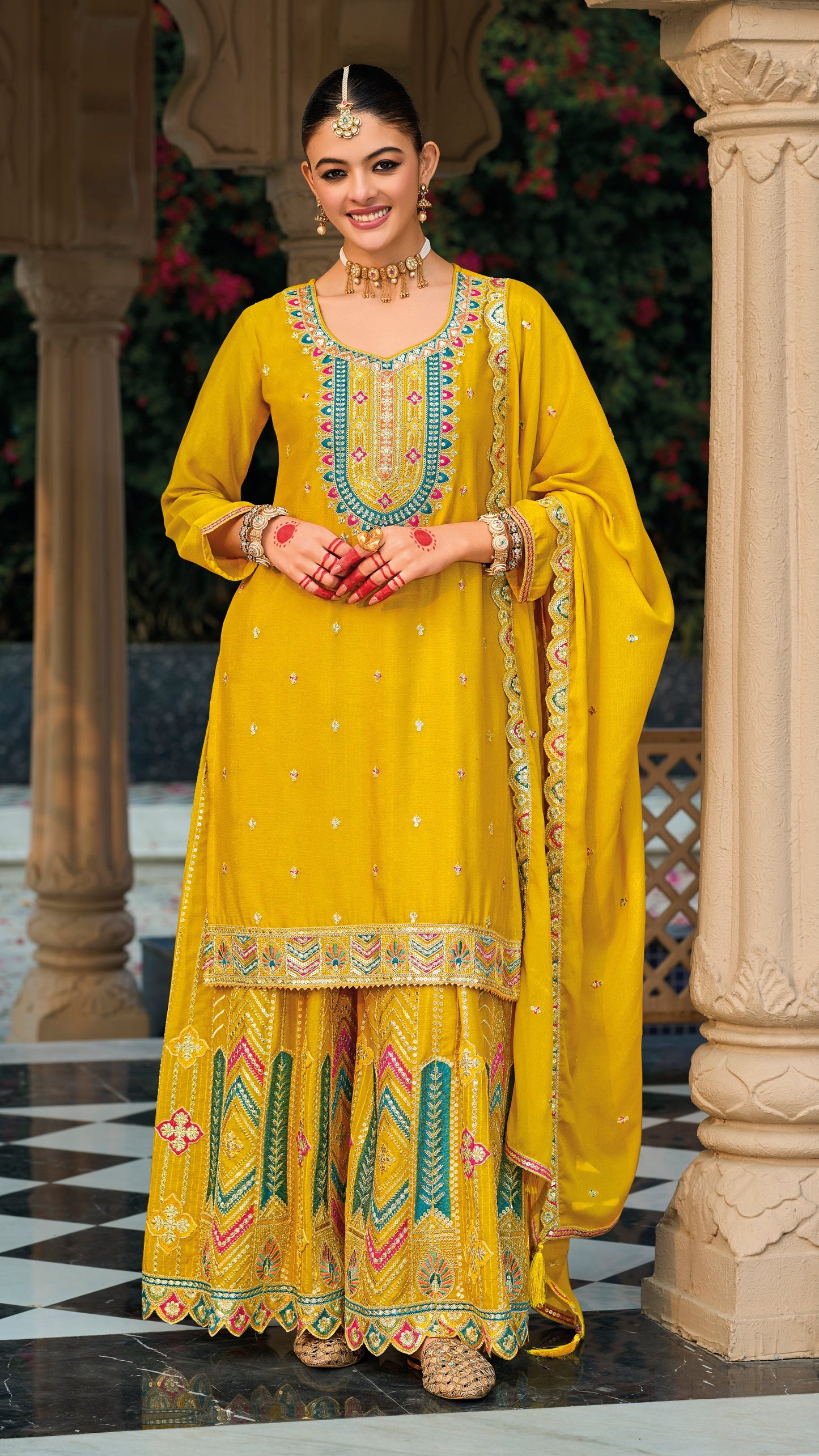 Palazzo Salwar Suit with Embroidery & Sequins Work (Yellow)