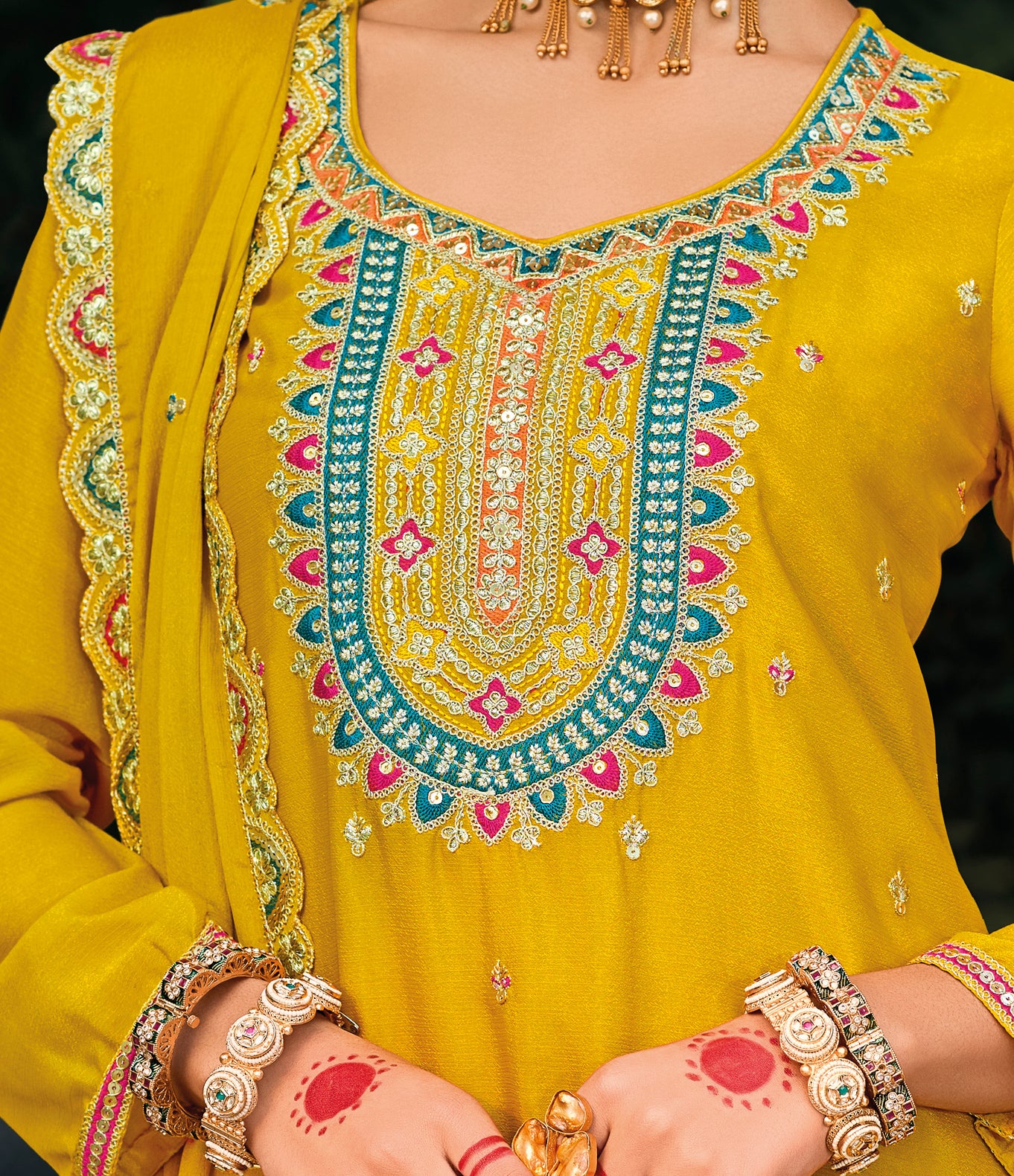 Palazzo Salwar Suit with Embroidery & Sequins Work (Yellow)