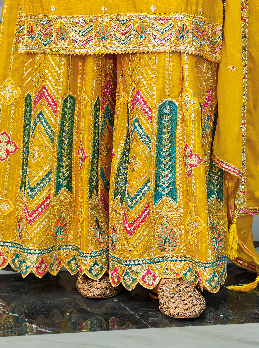 Palazzo Salwar Suit with Embroidery & Sequins Work (Yellow)