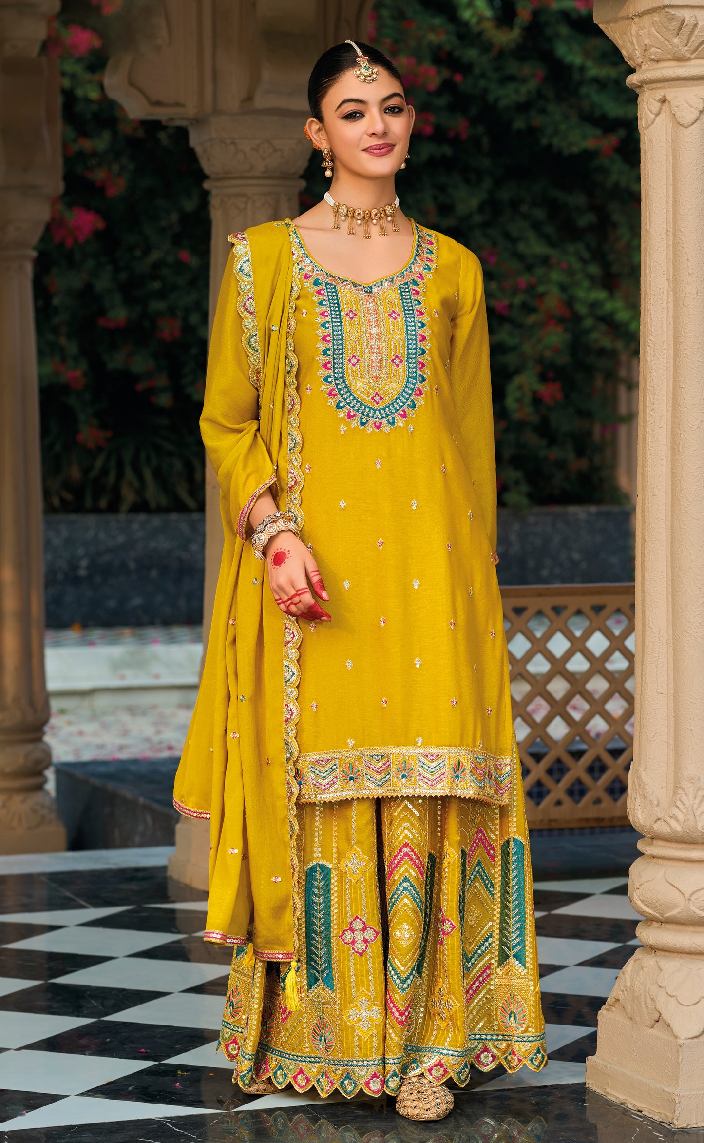 Palazzo Salwar Suit with Embroidery & Sequins Work (Yellow)