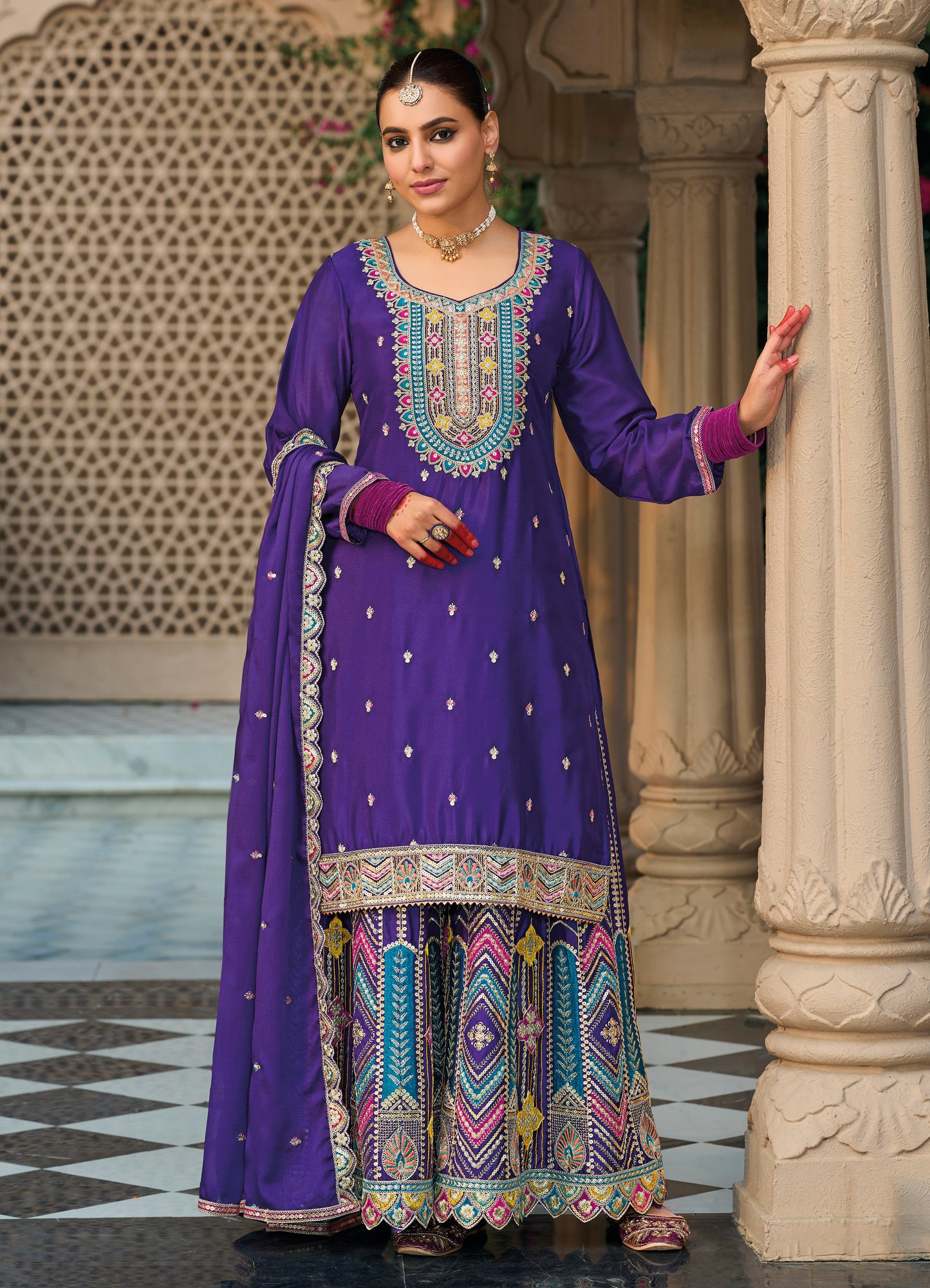 Palazzo Salwar Suit with Embroidery & Sequins Work (Purple)