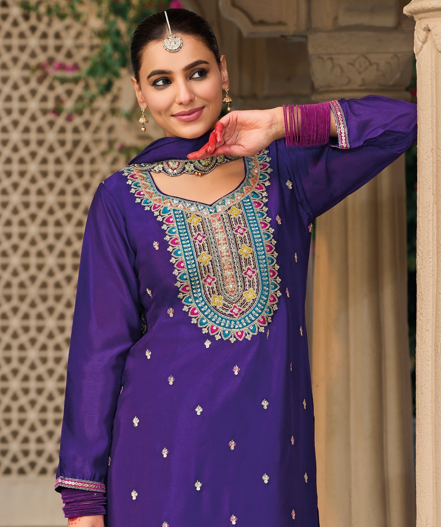 Palazzo Salwar Suit with Embroidery & Sequins Work (Purple)