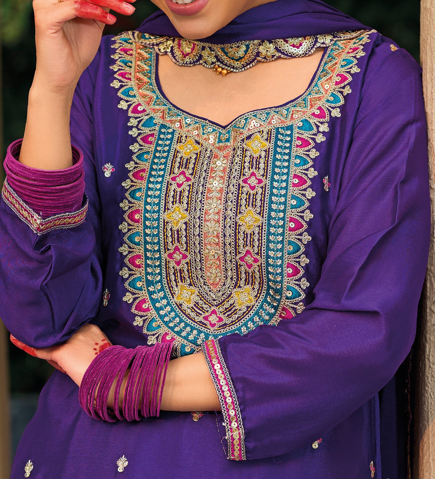 Palazzo Salwar Suit with Embroidery & Sequins Work (Purple)