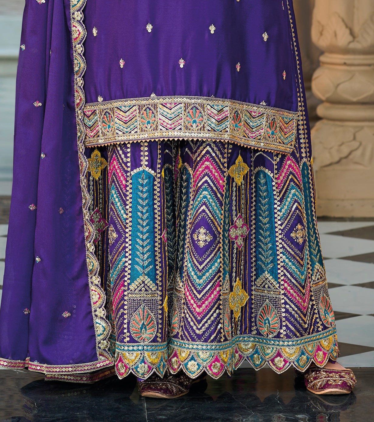 Palazzo Salwar Suit with Embroidery & Sequins Work (Purple)