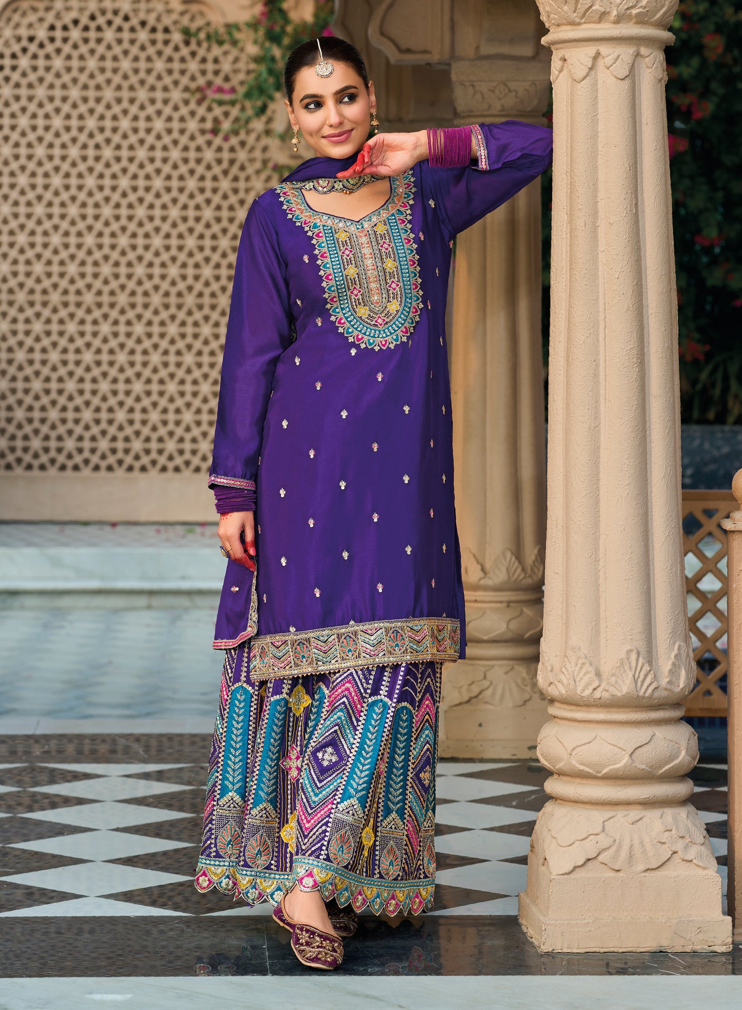 Palazzo Salwar Suit with Embroidery & Sequins Work (Purple)