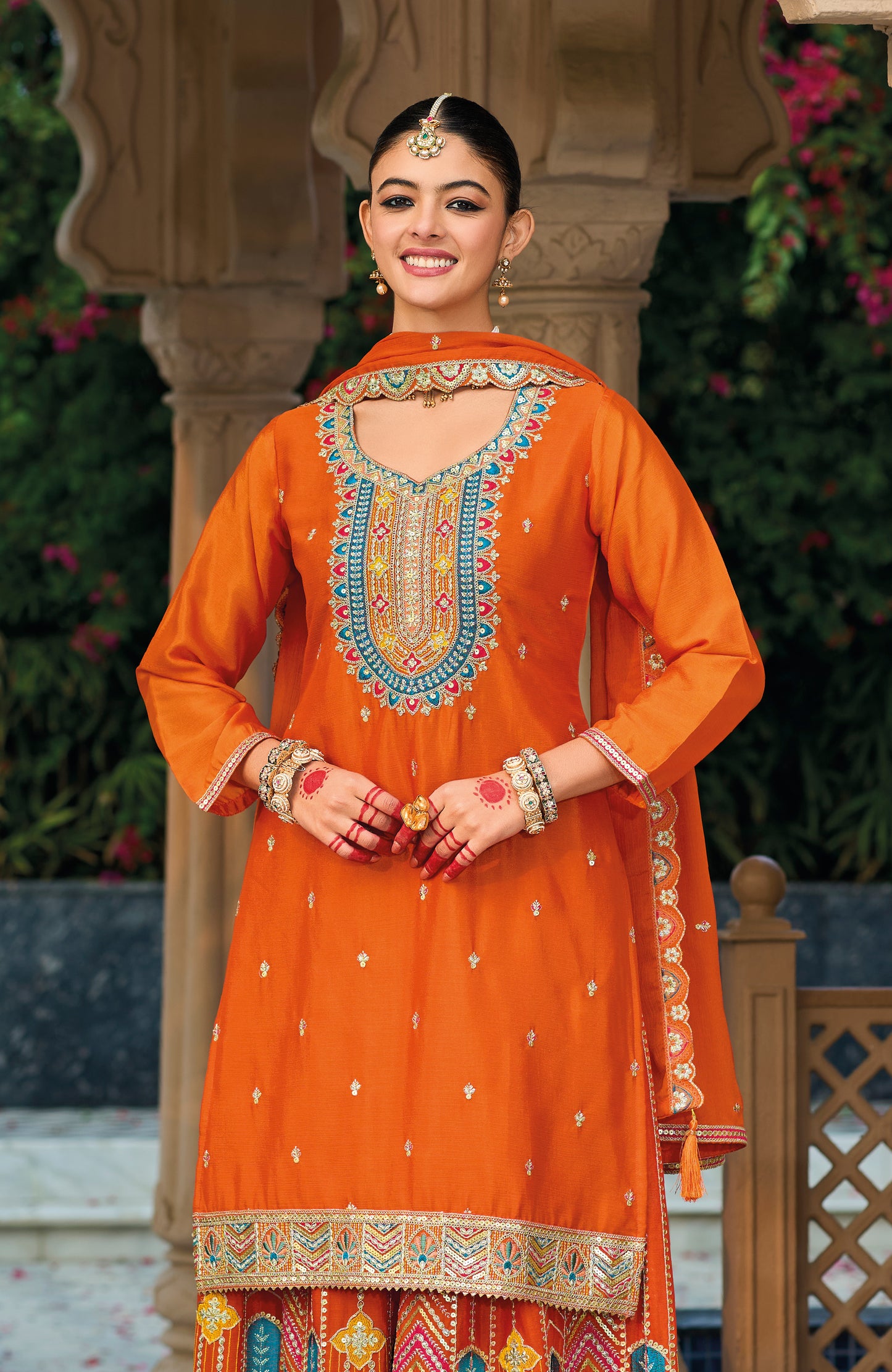 Palazzo Salwar Suit with Embroidery & Sequins Work (Orange)