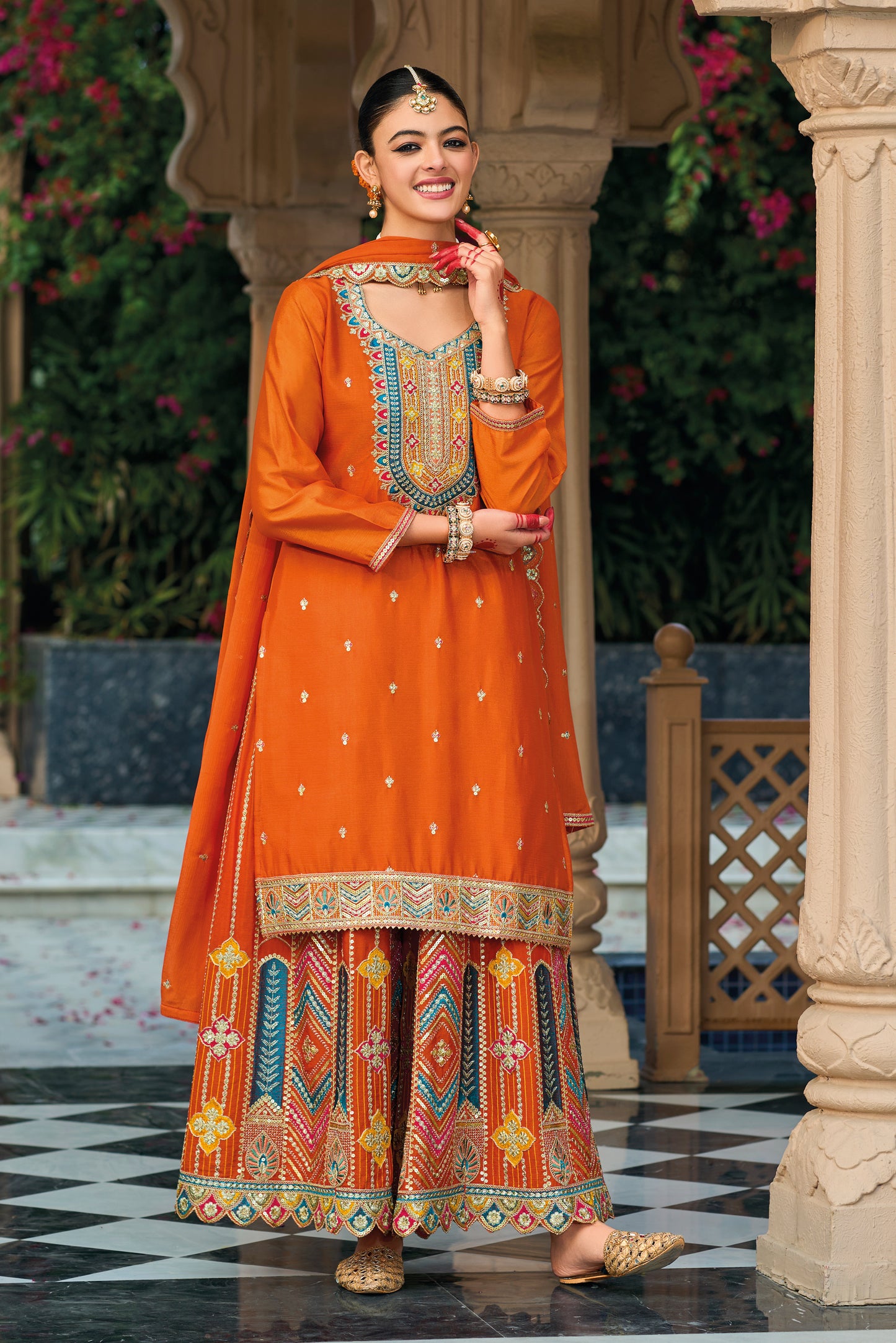 Palazzo Salwar Suit with Embroidery & Sequins Work (Orange)