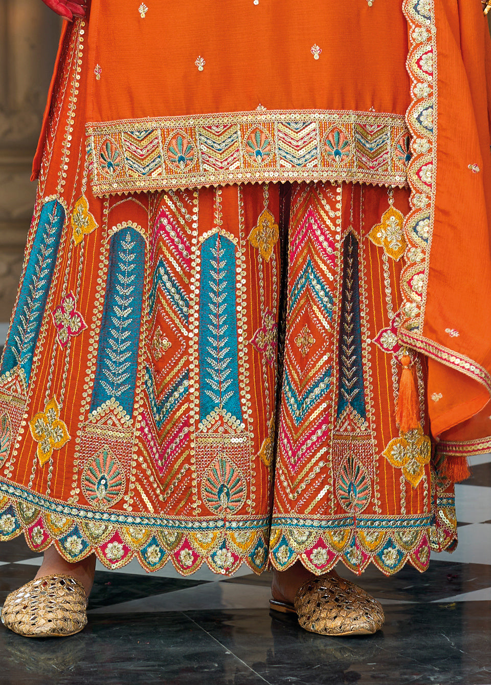 Palazzo Salwar Suit with Embroidery & Sequins Work (Orange)