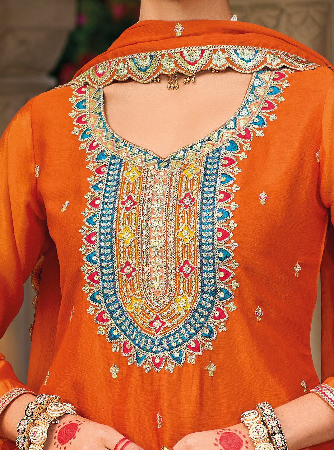 Palazzo Salwar Suit with Embroidery & Sequins Work (Orange)