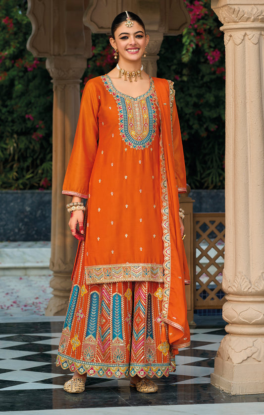 Palazzo Salwar Suit with Embroidery & Sequins Work (Orange)