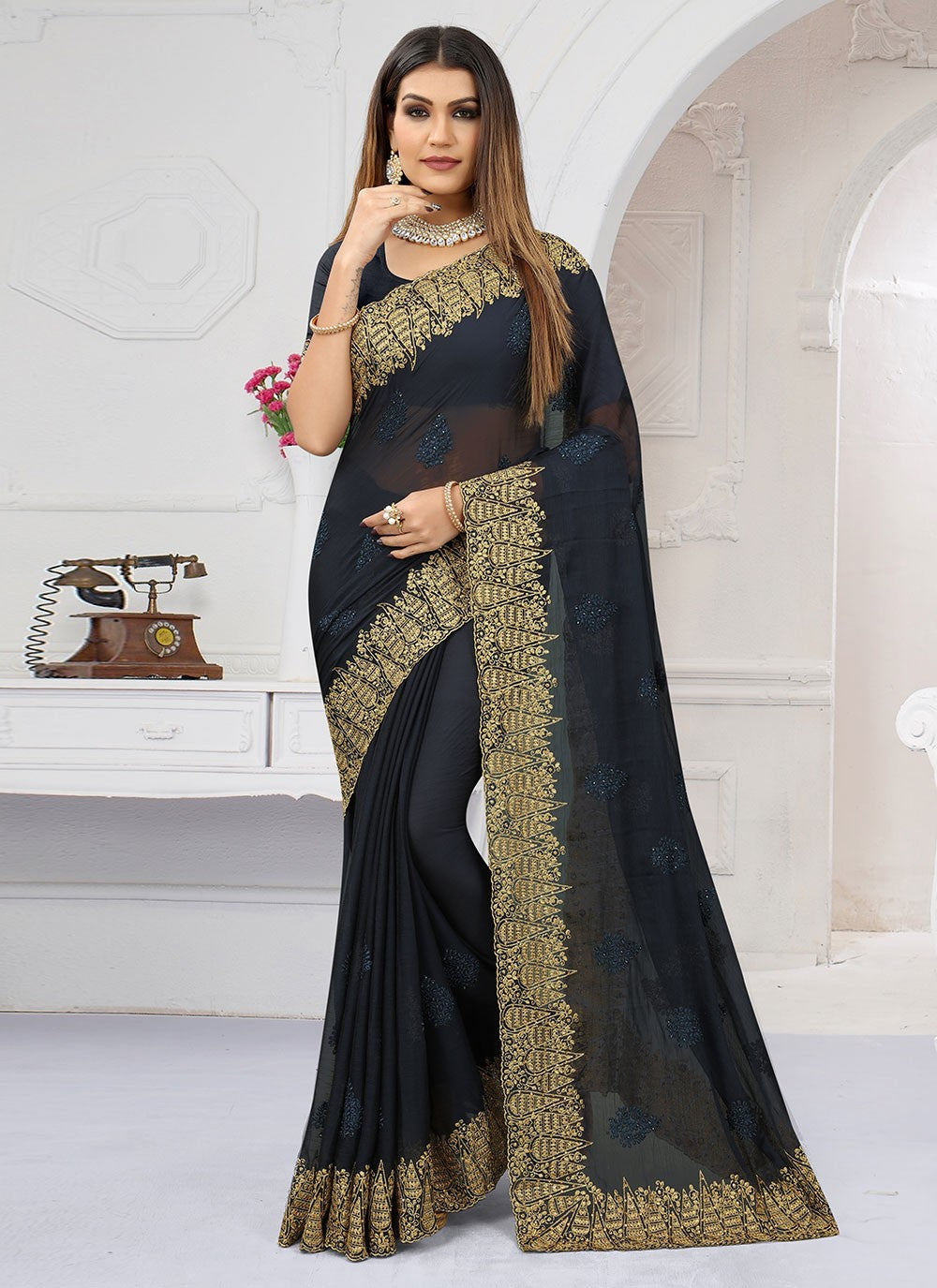 Classic Embroidered Chiffon Saree - S1643