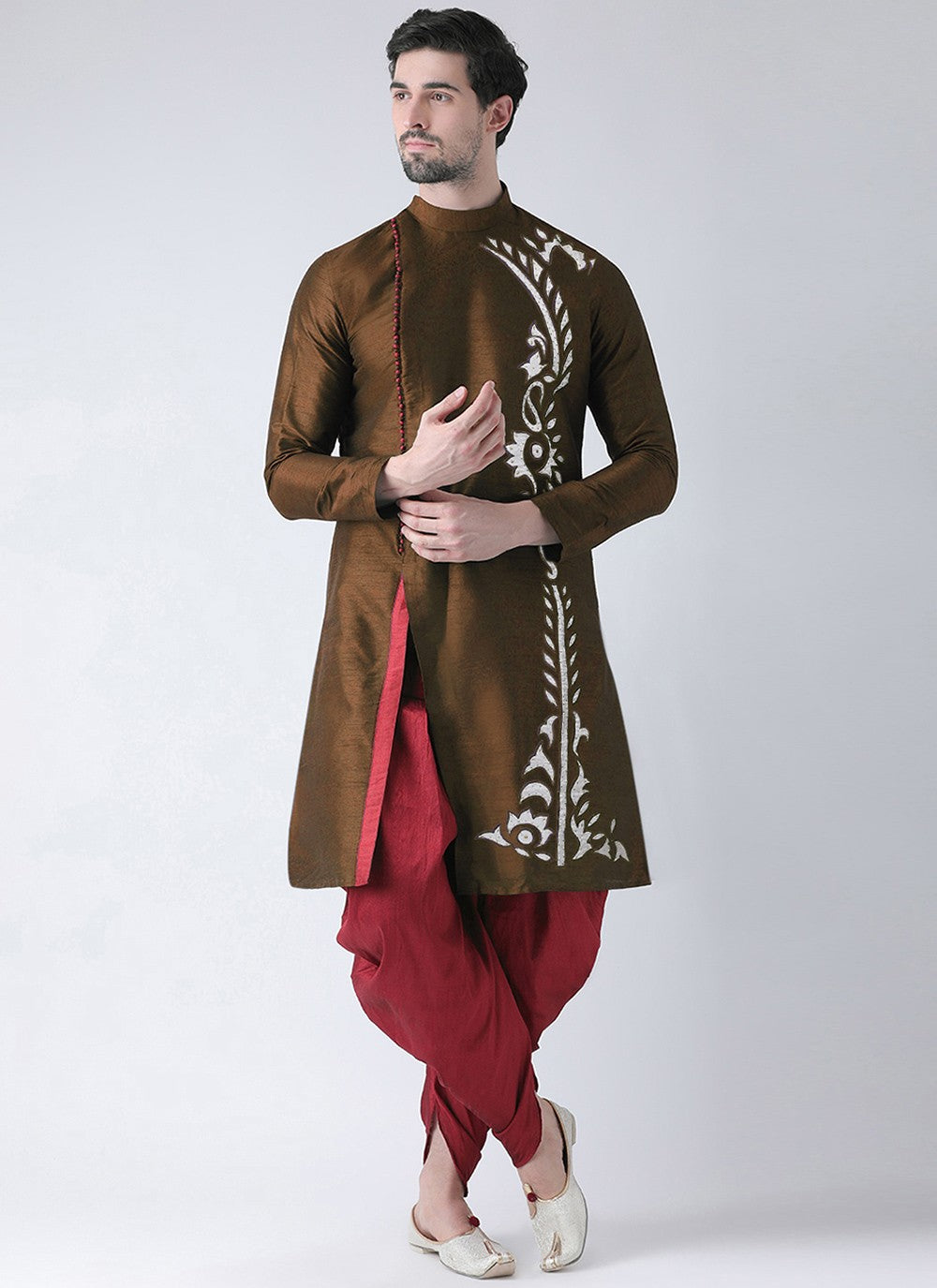 Embroidered Dupion Silk Brown Angrakha - M7301