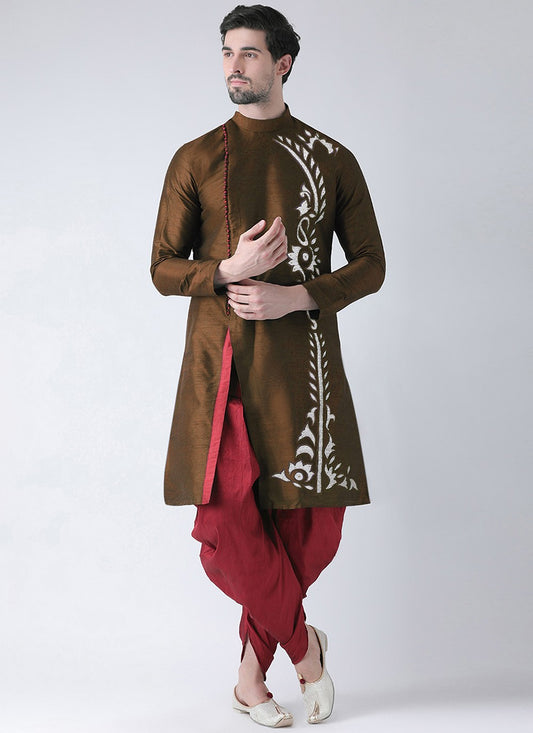 Embroidered Dupion Silk Brown Angrakha - M7301