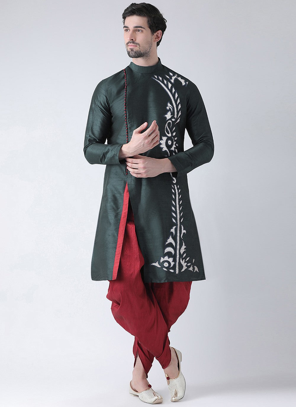 Embroidered Dupion Silk Grey Angrakha - M7303