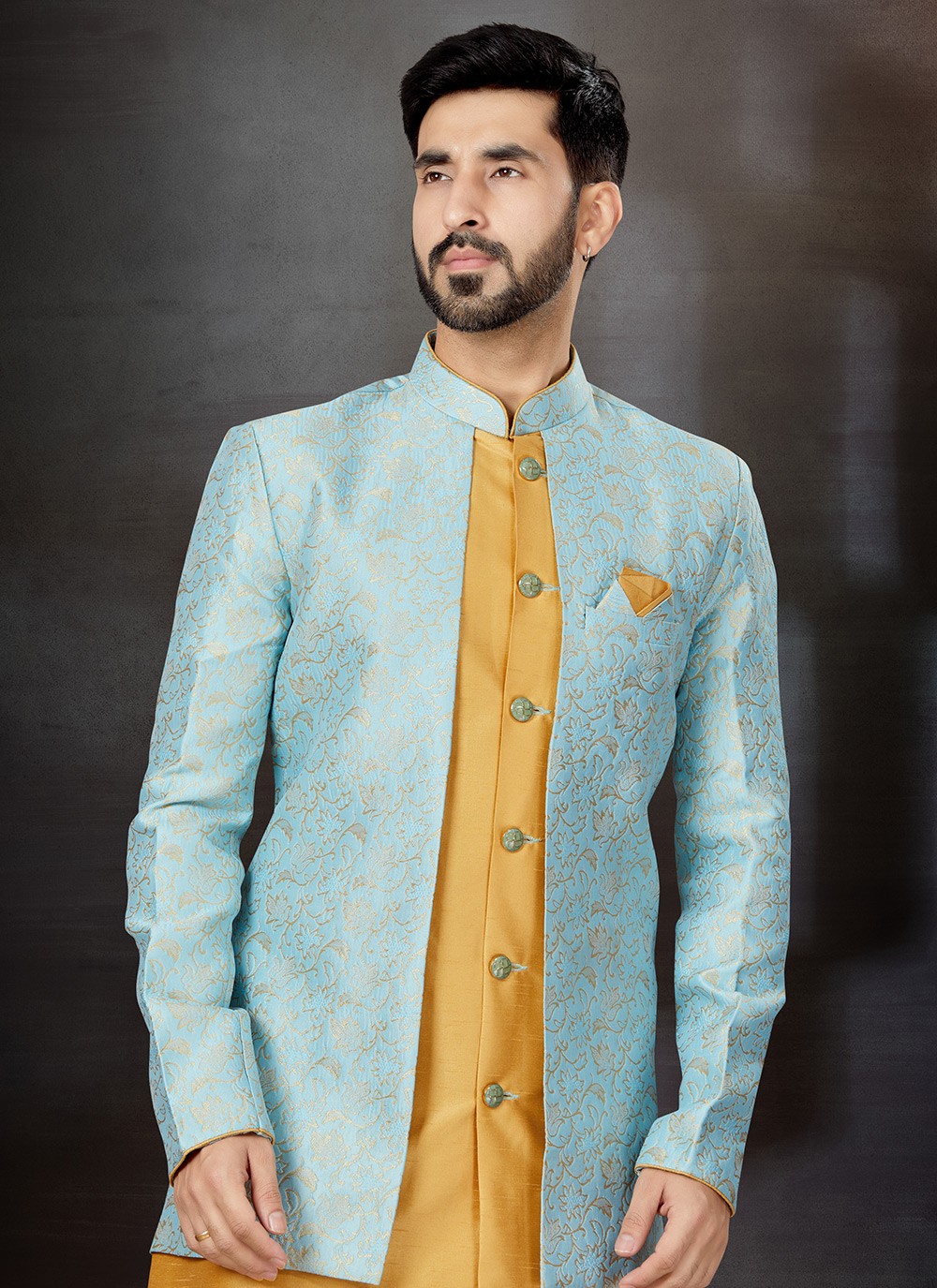 Embroidered Banarasi Jacquard, Dupion Silk Aqua Blue, Beige Indo Western Sherwani - M4807