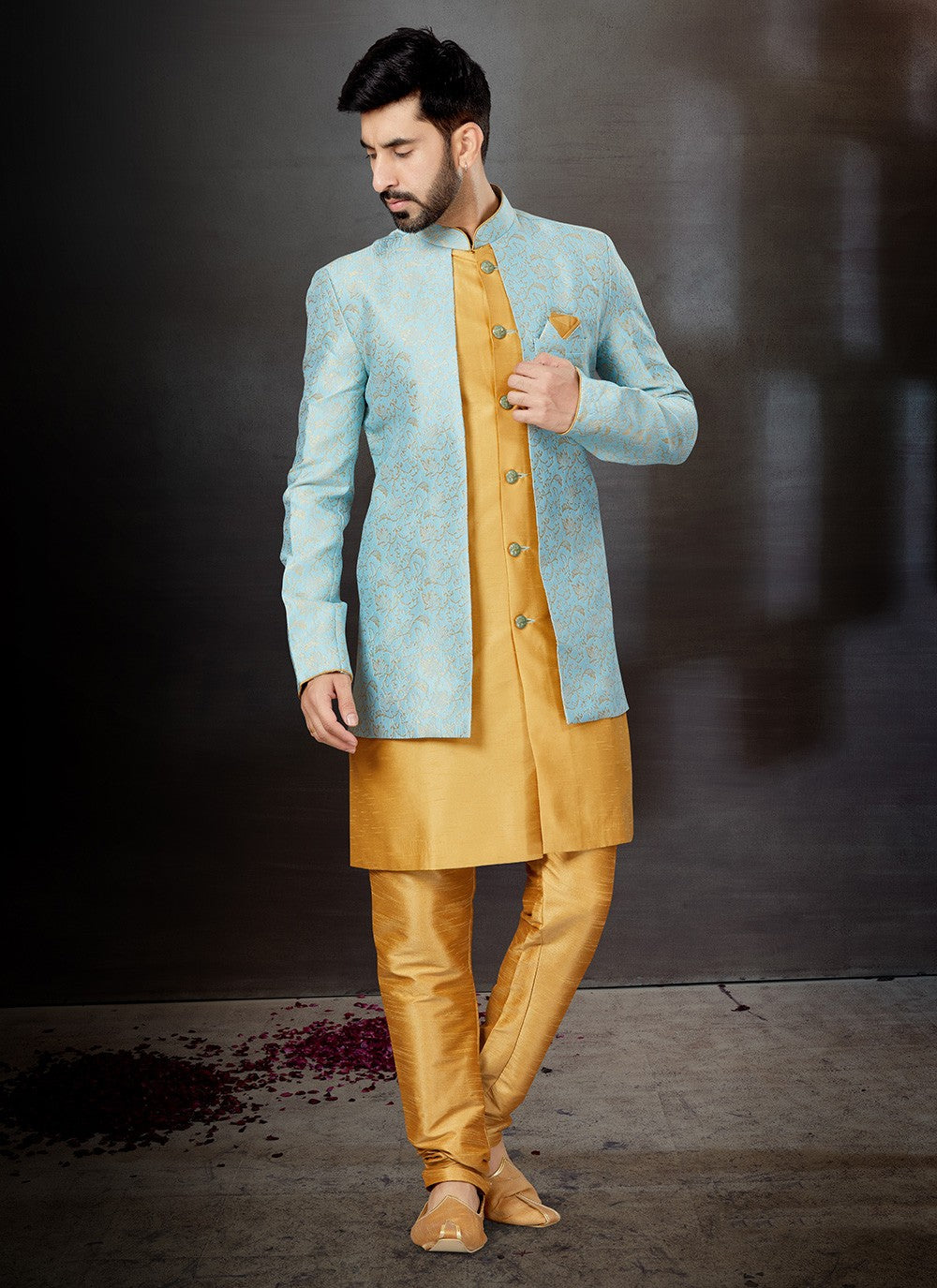 Embroidered Banarasi Jacquard, Dupion Silk Aqua Blue, Beige Indo Western Sherwani - M4807