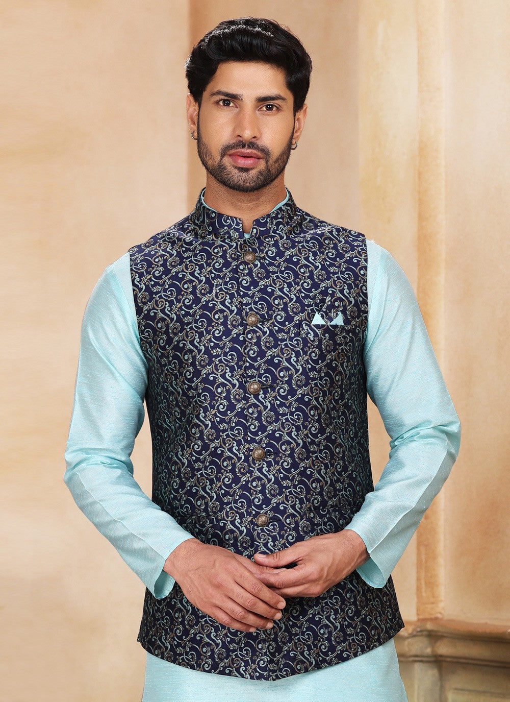 Fancy Work Jacquard Silk Aqua Blue, Blue Kurta Payjama With Jacket - M5204