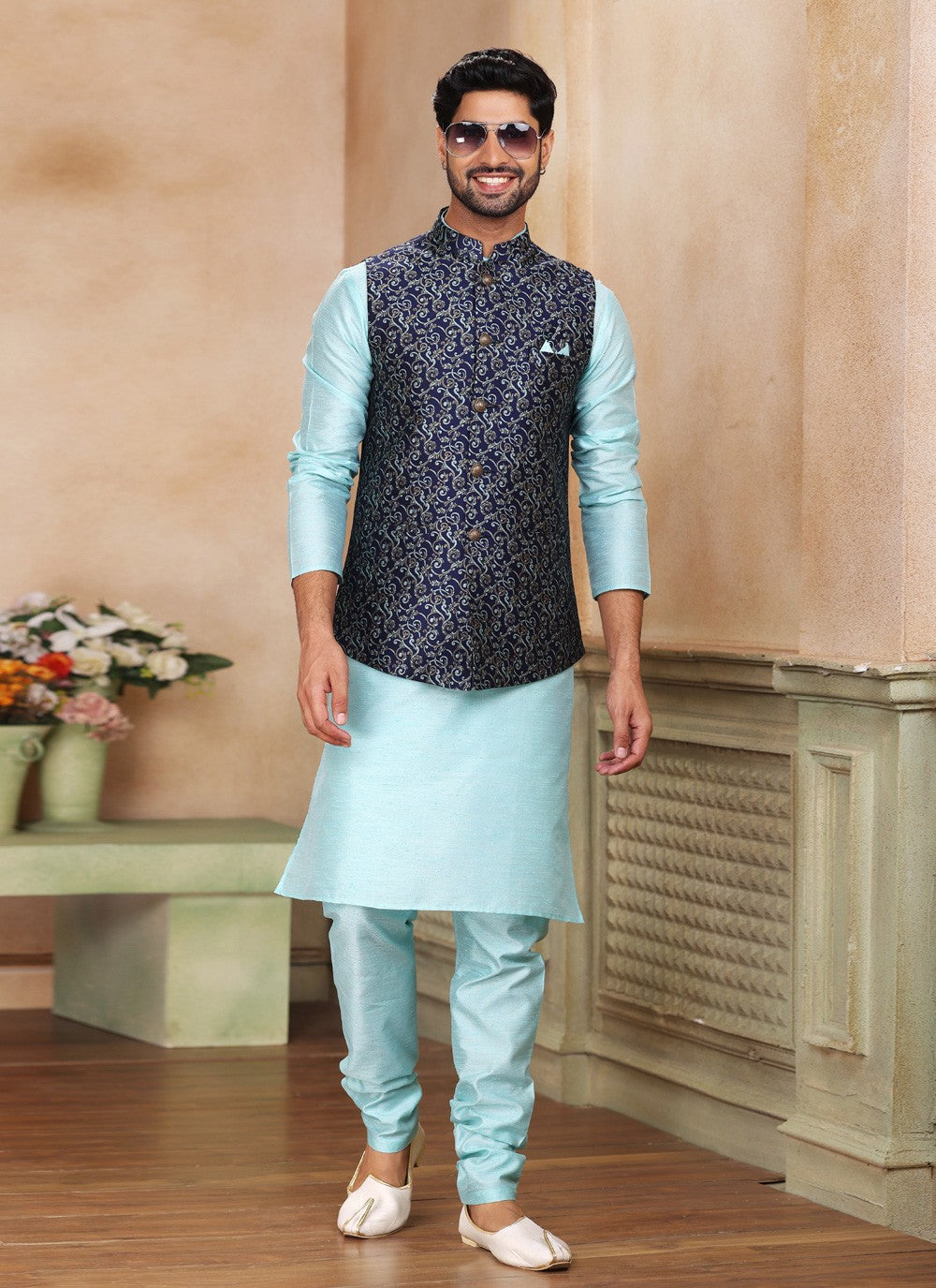 Fancy Work Jacquard Silk Aqua Blue, Blue Kurta Payjama With Jacket - M5204