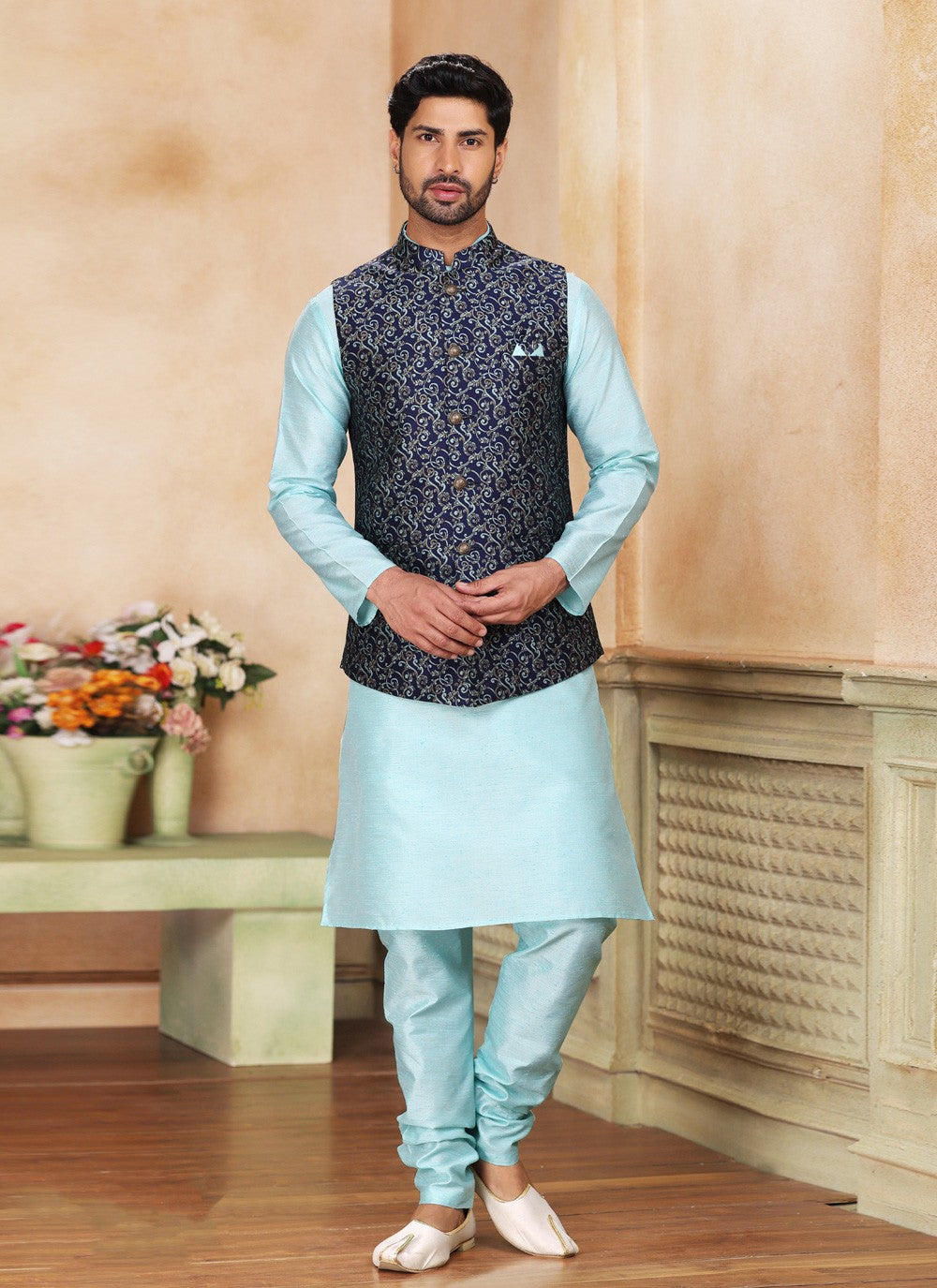 Fancy Work Jacquard Silk Aqua Blue, Blue Kurta Payjama With Jacket - M5204