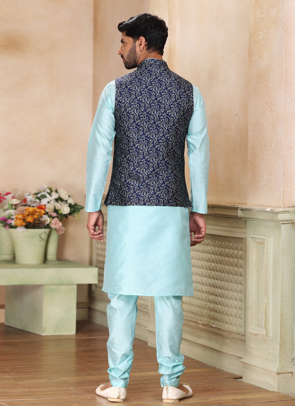 Fancy Work Jacquard Silk Aqua Blue, Blue Kurta Payjama With Jacket - M5204