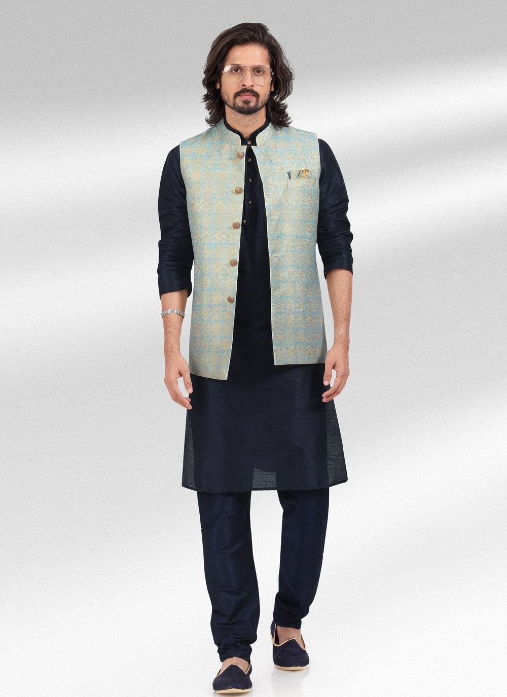 Fancy Work Banarasi Jacquard Aqua Blue, Blue Kurta Payjama With Jacket - M4596