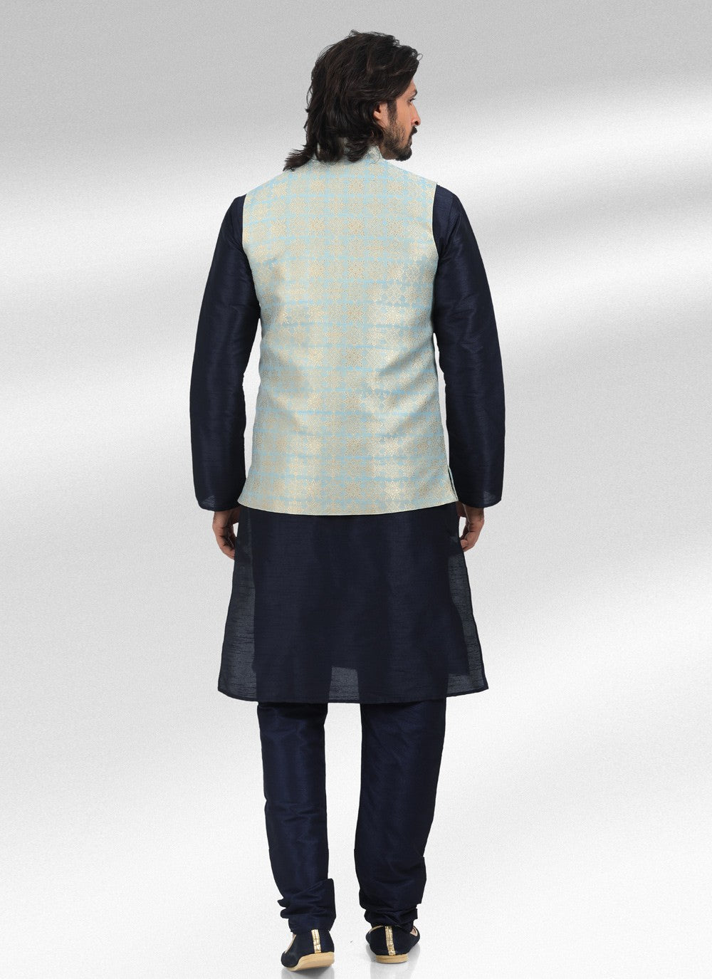 Fancy Work Banarasi Jacquard Aqua Blue, Blue Kurta Payjama With Jacket - M4596