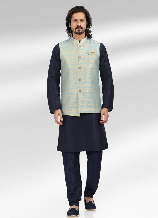 Fancy Work Banarasi Jacquard Aqua Blue, Blue Kurta Payjama With Jacket - M4596