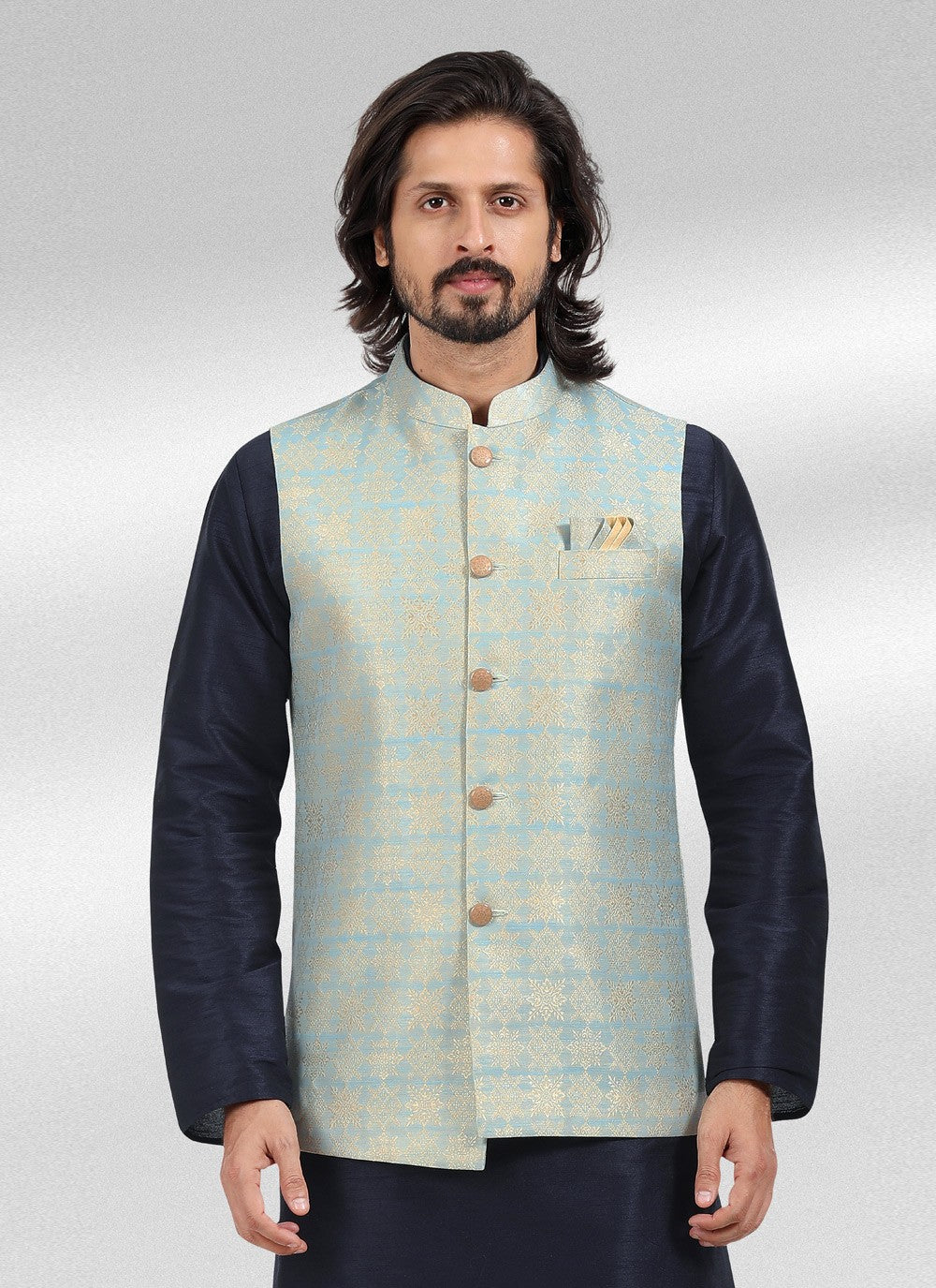 Fancy Work Banarasi Jacquard Aqua Blue, Blue Kurta Payjama With Jacket - M4596