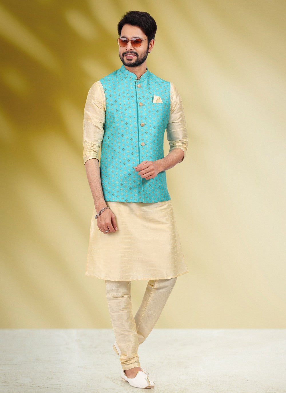 Printed Banarasi Silk Aqua Blue, Cream Kurta Payjama With Jacket - M4590