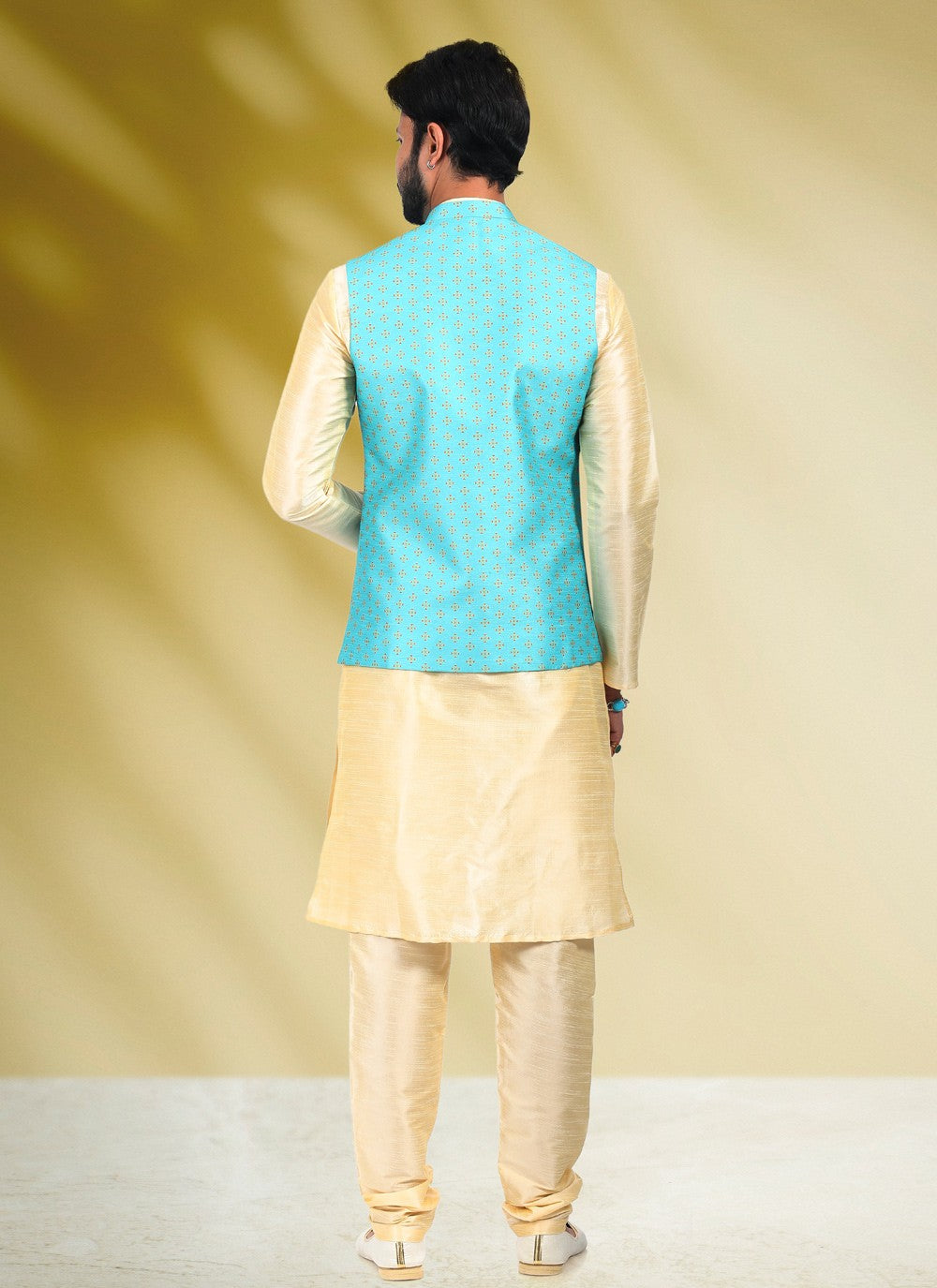 Printed Banarasi Silk Aqua Blue, Cream Kurta Payjama With Jacket - M4590