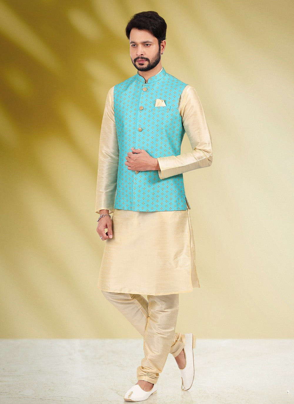 Printed Banarasi Silk Aqua Blue, Cream Kurta Payjama With Jacket - M4590