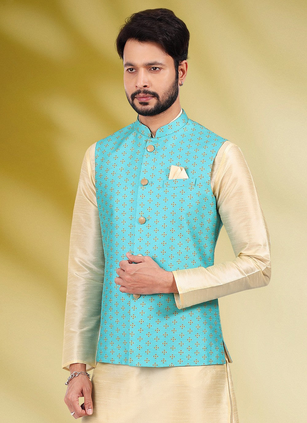 Printed Banarasi Silk Aqua Blue, Cream Kurta Payjama With Jacket - M4590