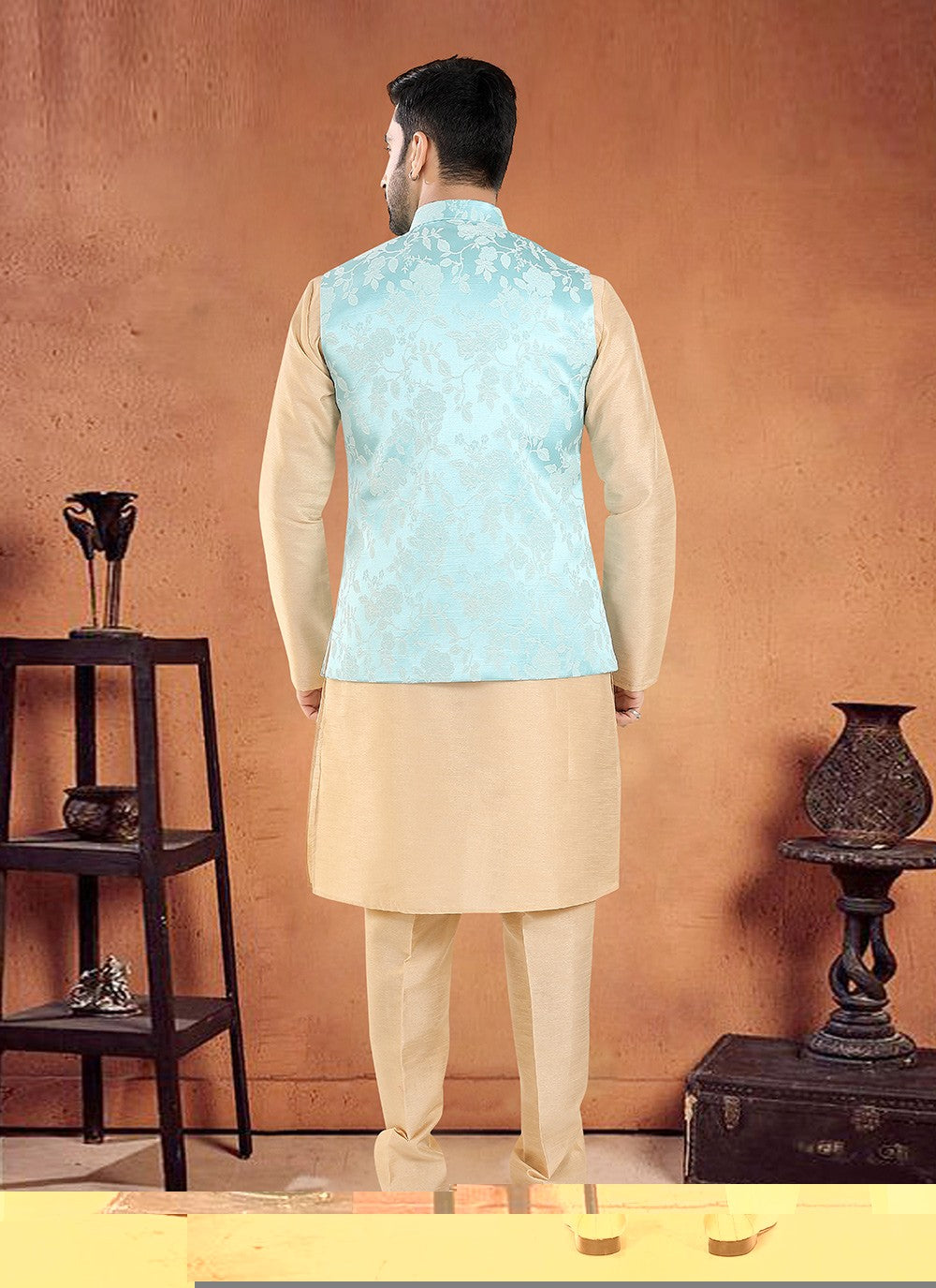 Embroidered Silk Aqua Blue, Cream Kurta Payjama With Jacket - M8130