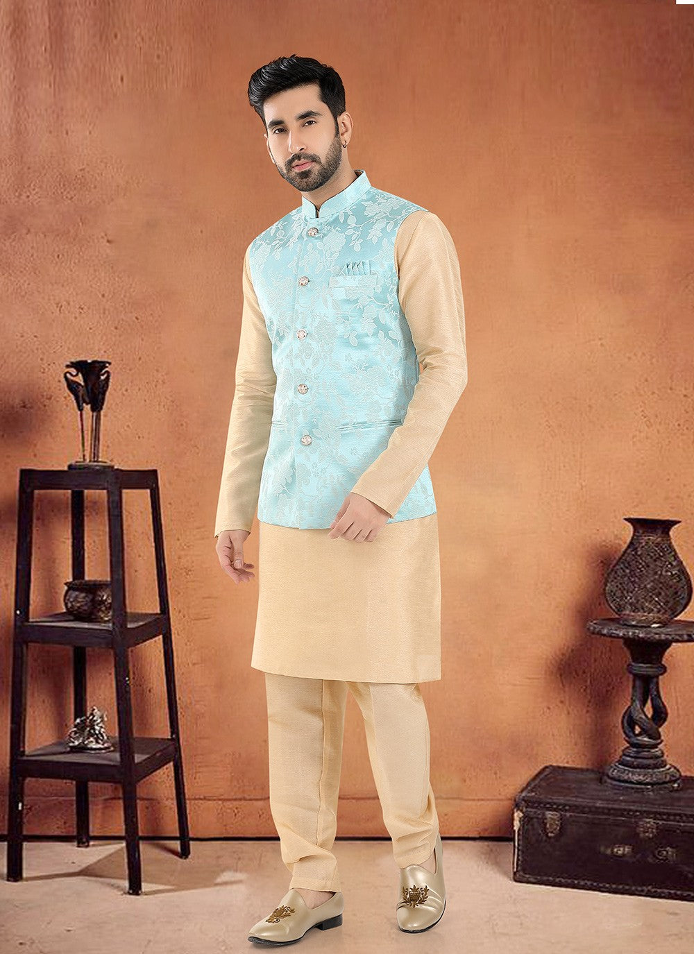 Embroidered Silk Aqua Blue, Cream Kurta Payjama With Jacket - M8130