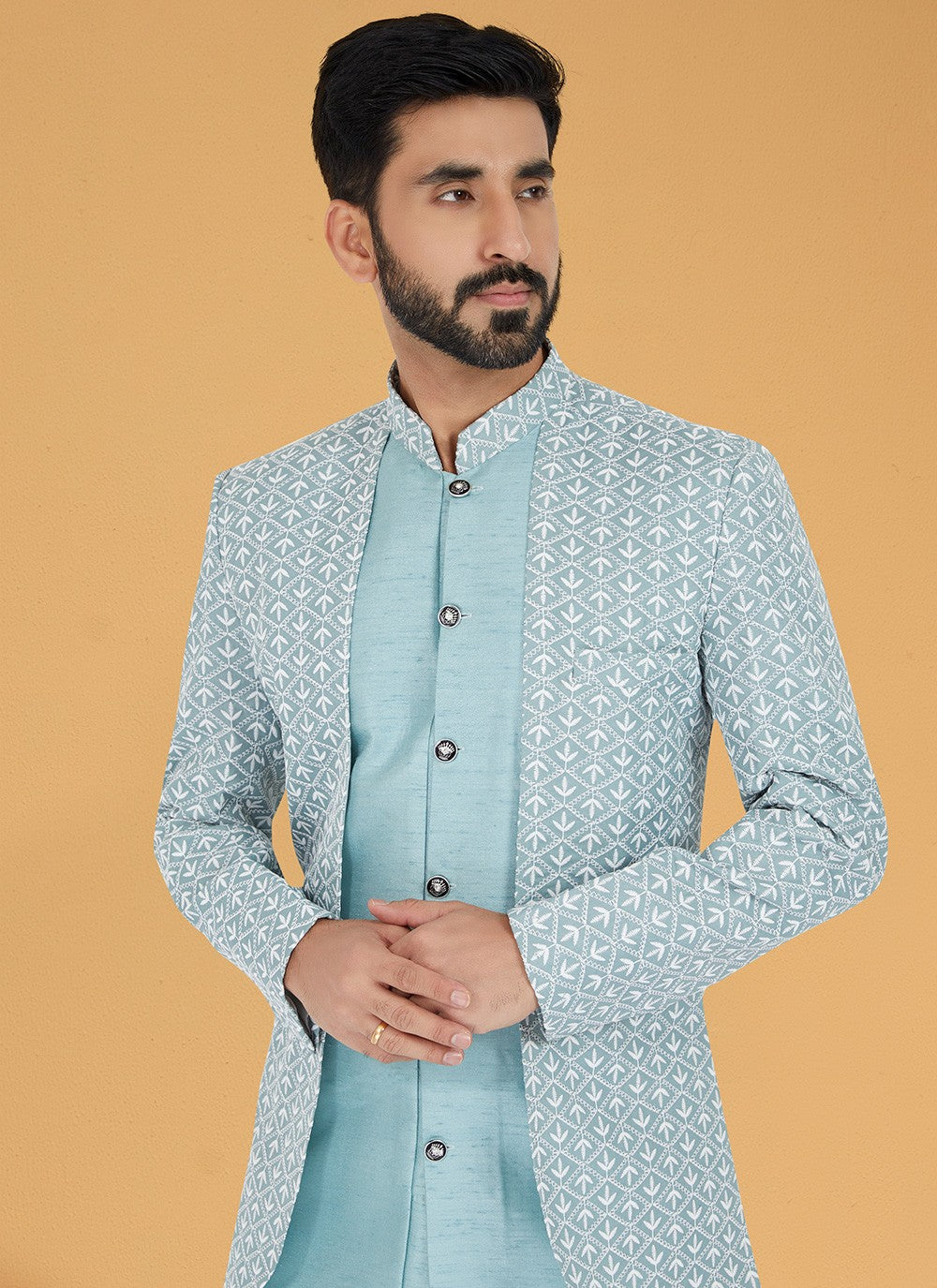 Embroidered Banarasi Silk Aqua Blue, Grey Indo Western - M5014