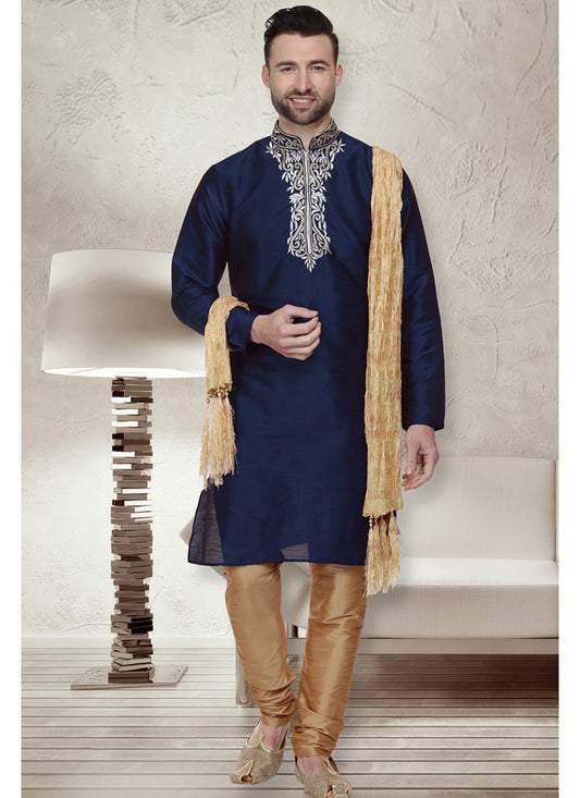 Embroidered Art Dupion Silk Blue, Navy Blue Kurta Pyjama - M1495