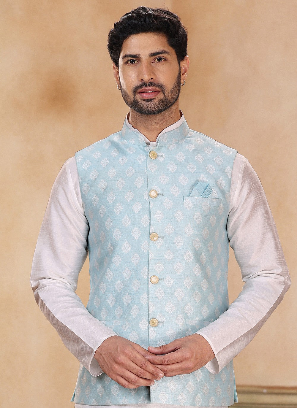 Fancy Work Banarasi Silk, Jacquard Aqua Blue, Off White Kurta Payjama With Jacket - M5357