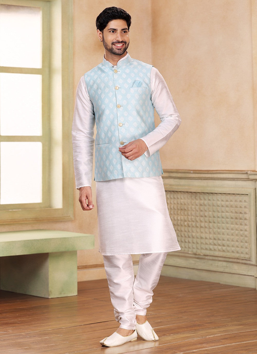 Fancy Work Banarasi Silk, Jacquard Aqua Blue, Off White Kurta Payjama With Jacket - M5357