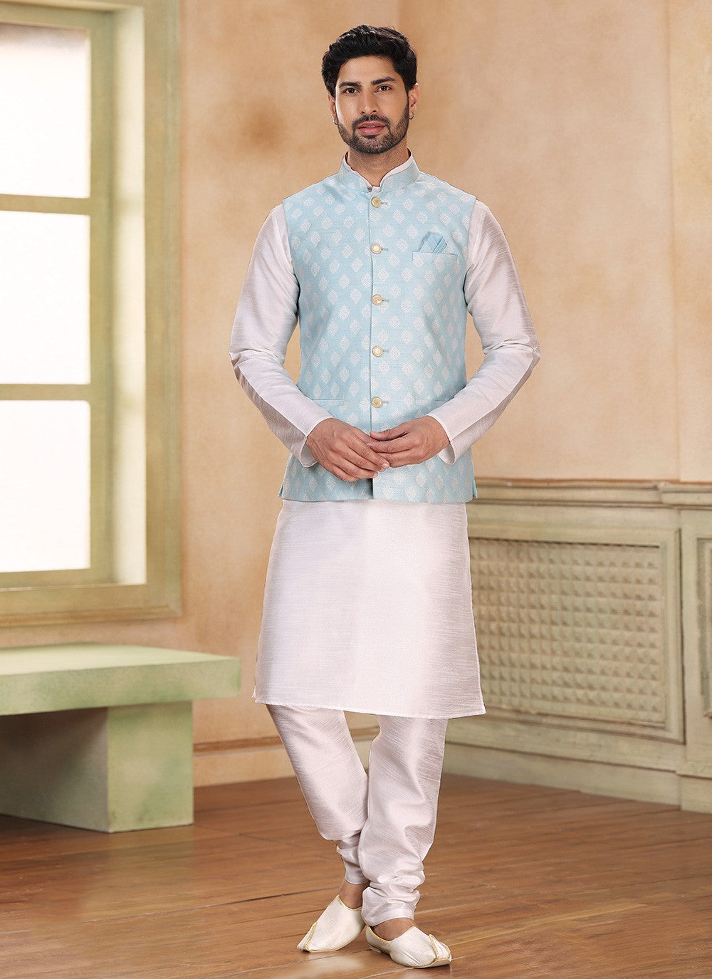 Fancy Work Banarasi Silk, Jacquard Aqua Blue, Off White Kurta Payjama With Jacket - M5357