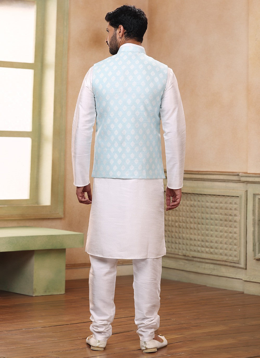 Fancy Work Banarasi Silk, Jacquard Aqua Blue, Off White Kurta Payjama With Jacket - M5357