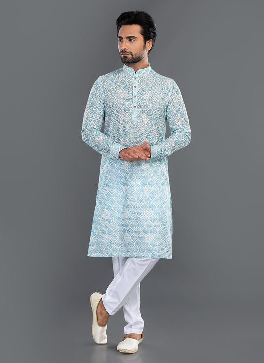 Printed Cotton Aqua Blue, Off White Kurta Pyjama - M8073