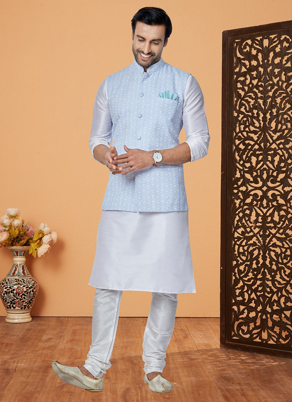 Fancy Work Banarasi Silk Aqua Blue, Off White Kurta Payjama With Jacket - M5320