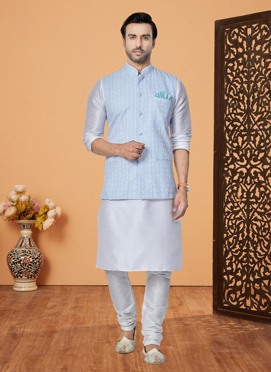 Fancy Work Banarasi Silk Aqua Blue, Off White Kurta Payjama With Jacket - M5320