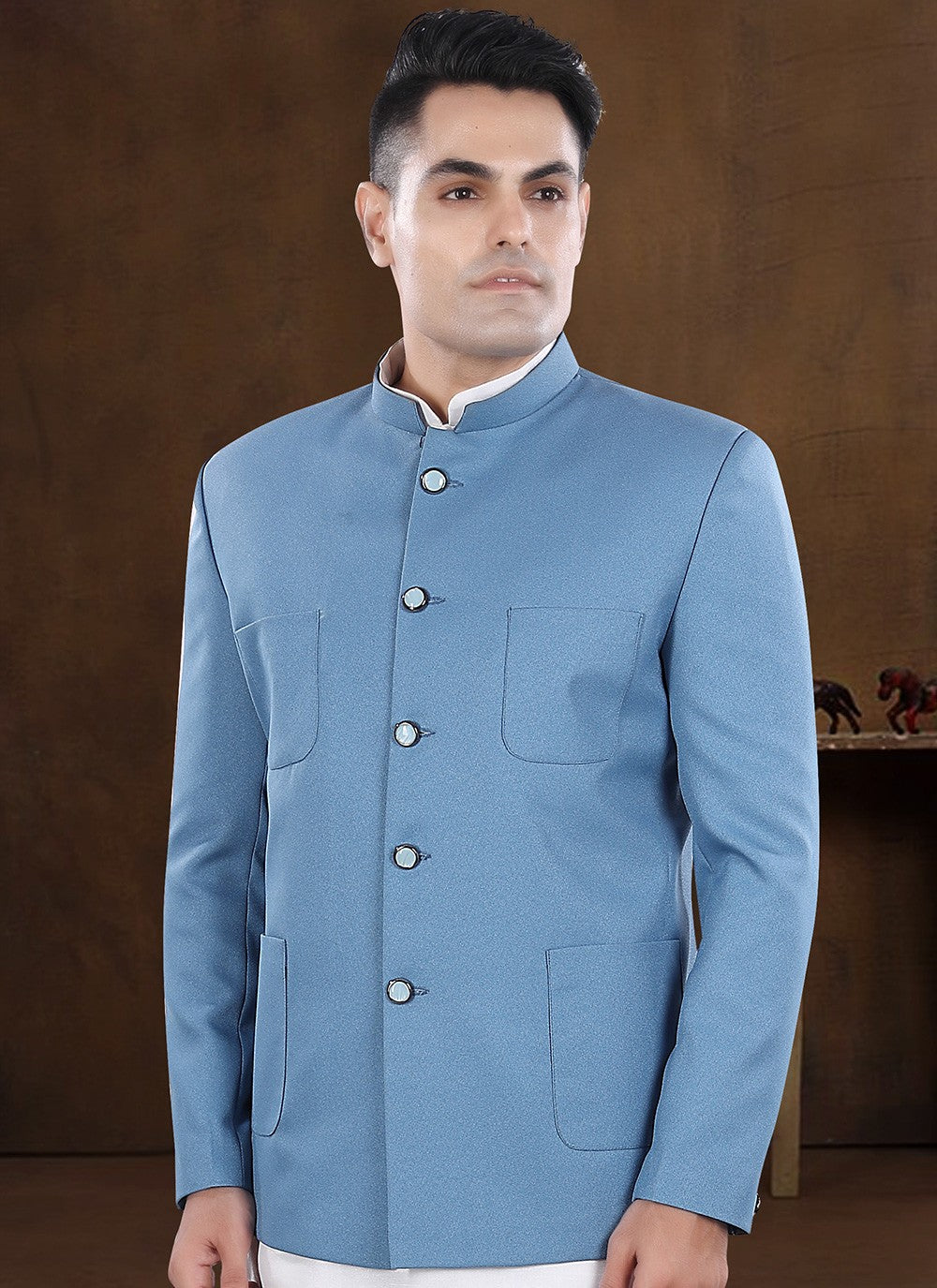 Plain Silk, Viscose Aqua Blue, Off White Kurta Payjama With Jacket - M8212