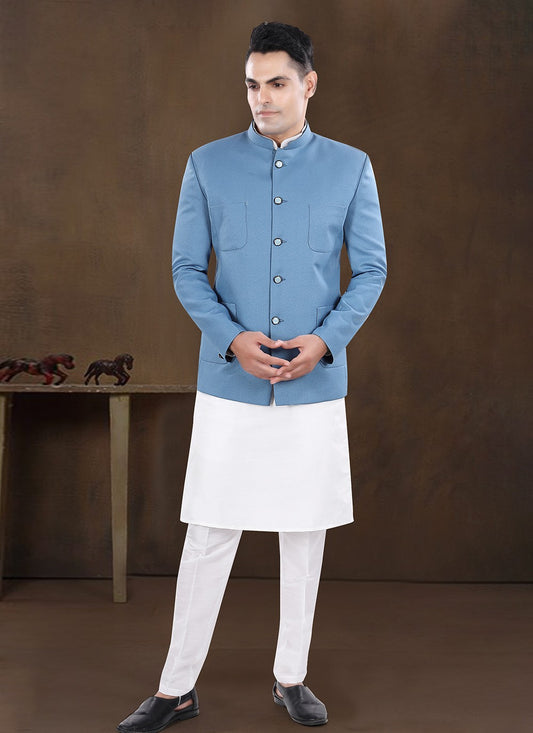 Plain Silk, Viscose Aqua Blue, Off White Kurta Payjama With Jacket - M8212