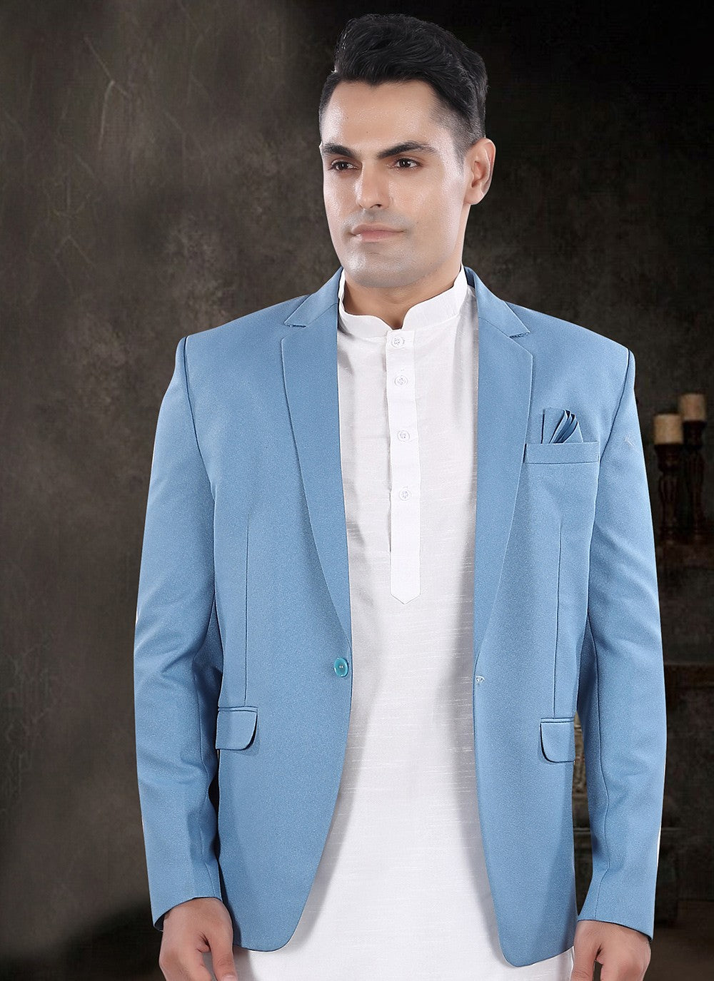 Plain Silk, Viscose Aqua Blue, Off White Kurta Payjama With Jacket - M8174